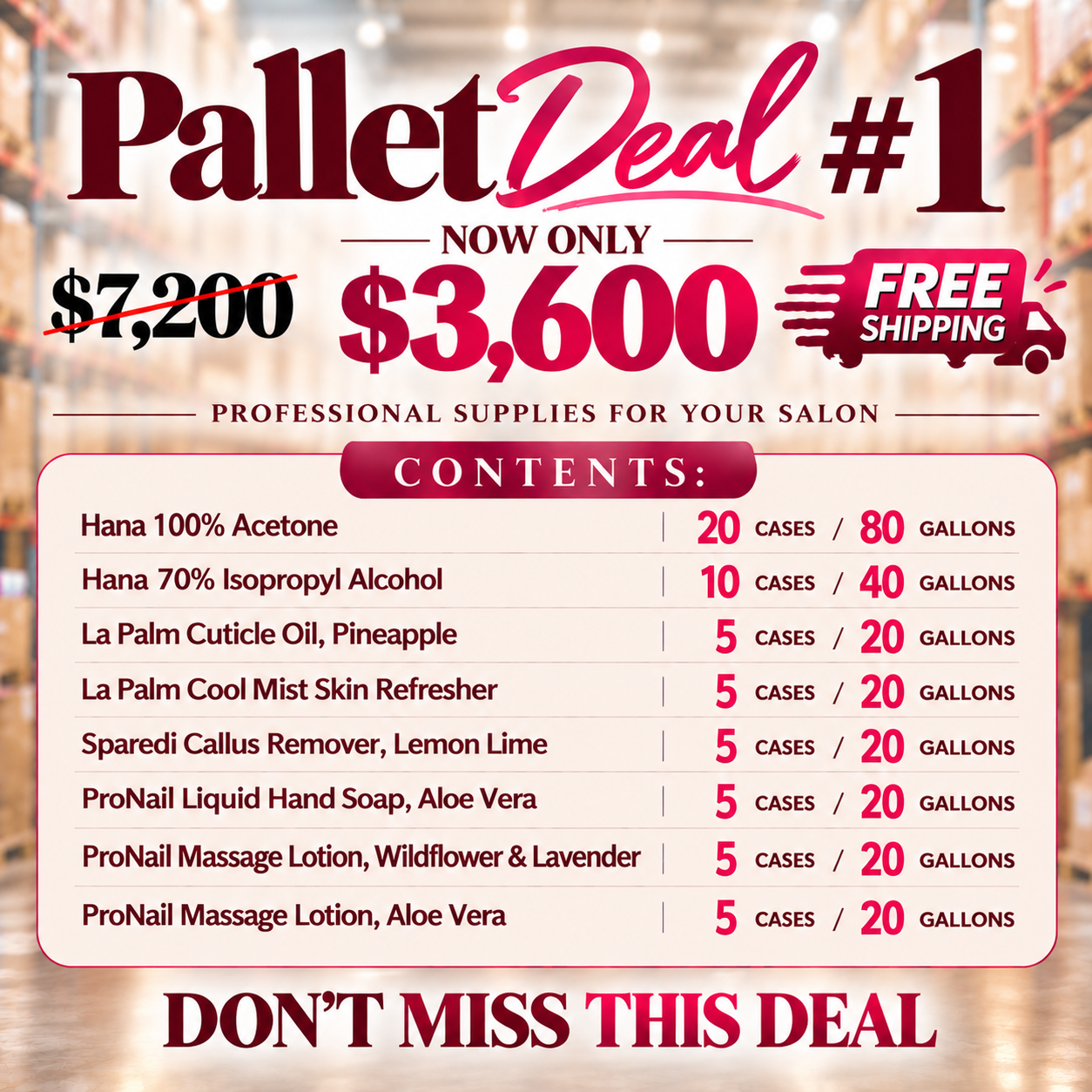 Pallet Deal #1 — Acetone, Alcohol, Cuticle Oil, Skin Refresher, Callus Remover, Hand Soap, Lavender & Aloe Vera Lotion