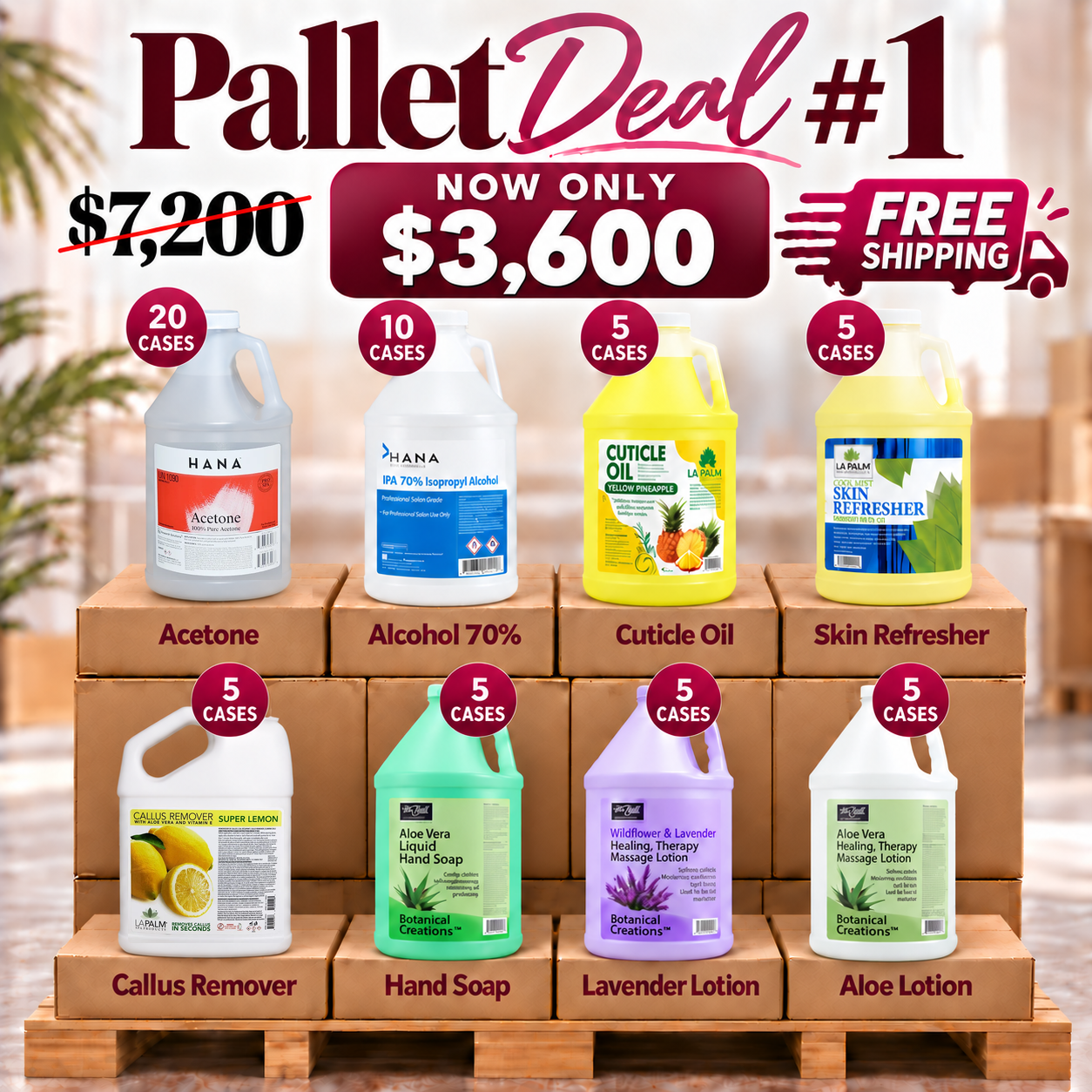 Pallet Deal #1 — Acetone, Alcohol, Cuticle Oil, Skin Refresher, Callus Remover, Hand Soap, Lavender & Aloe Vera Lotion