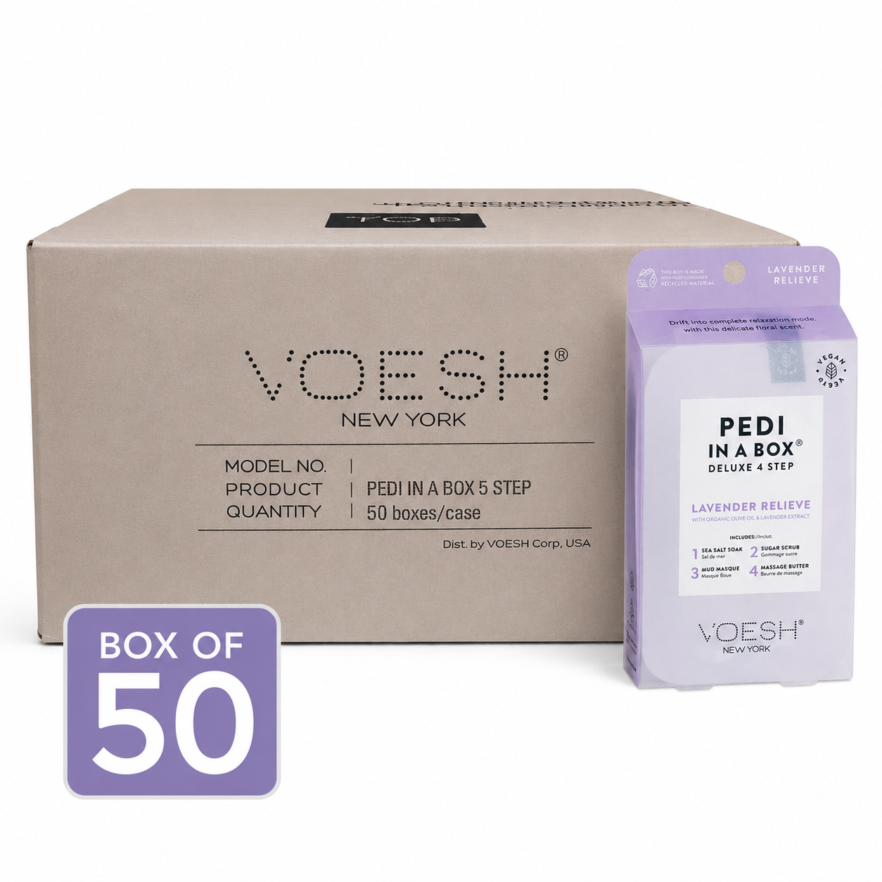 VOESH Pedi In A Box Deluxe 4 Step Pedicure Kit Lavender Relieve 50 Count/Case