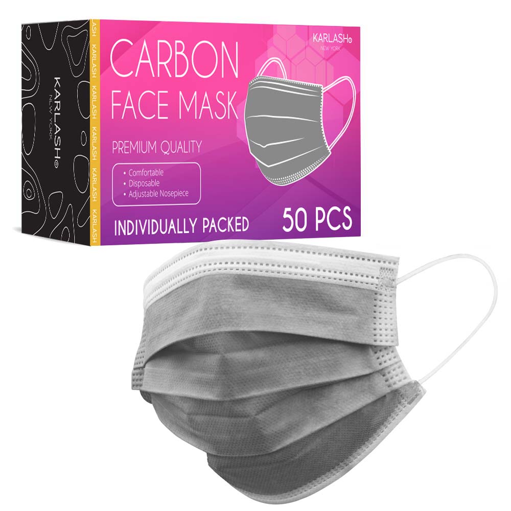 Karlash Carbon Mask 3-Ply Disposable Face Mask Individually Wrapped with Elastic Earloops, Face Protection