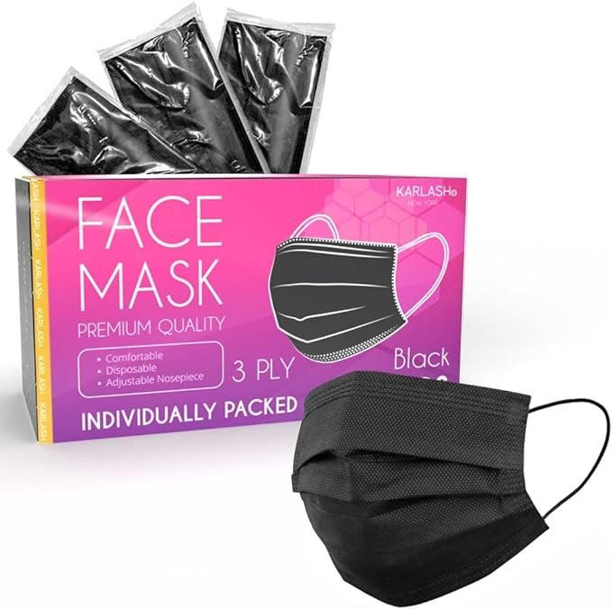 Karlash Black Mask 3-Ply Disposable Face Mask Individually Wrapped with Elastic Earloops, Face Protection