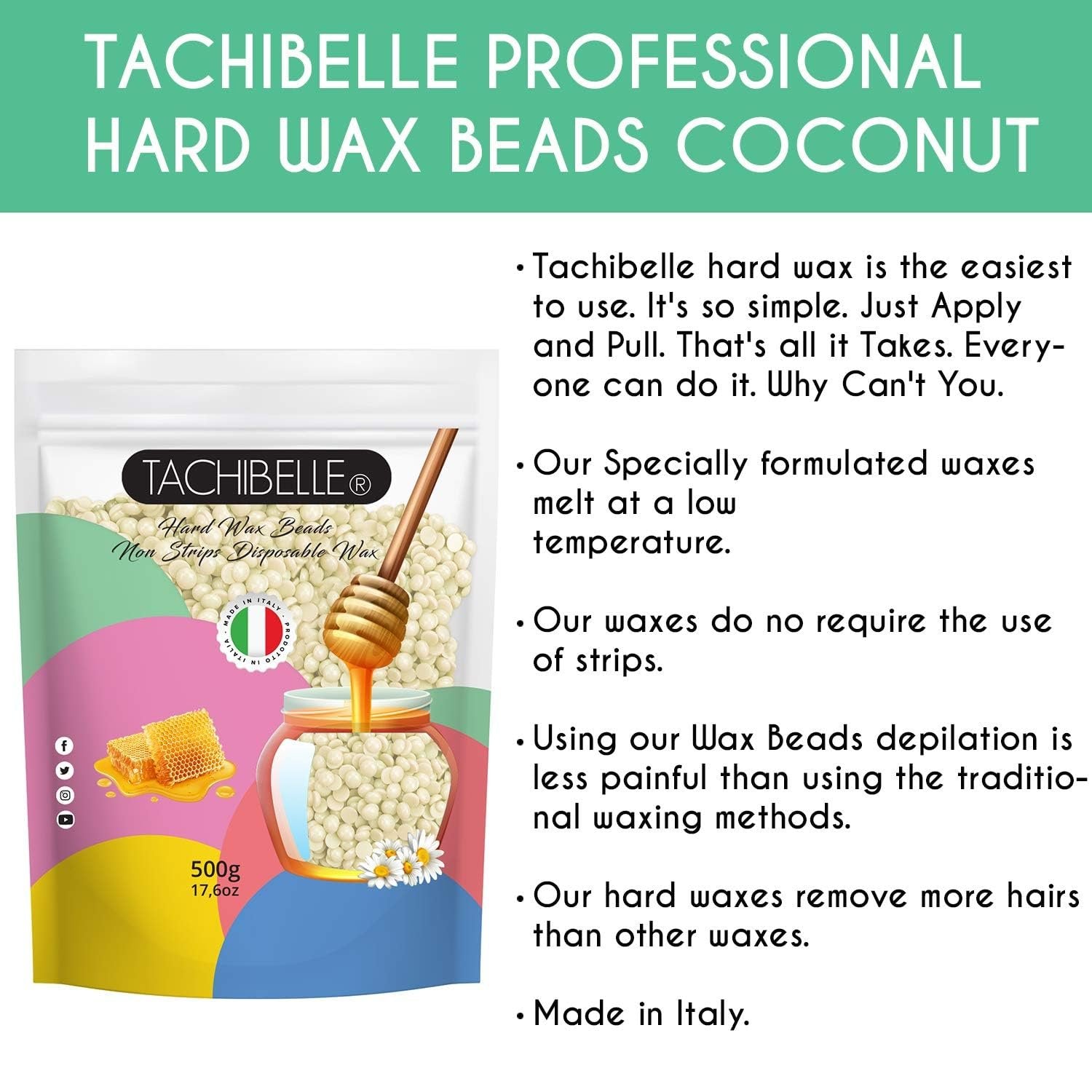 Easy to Use Hard Wax Beans, Hair Removal Full Body Brazilian Bikini Beads Waxing for Sensitive Skin Face Bikini Legs Eyebrow 500g/1.1 lb Made In Italy 2 Count