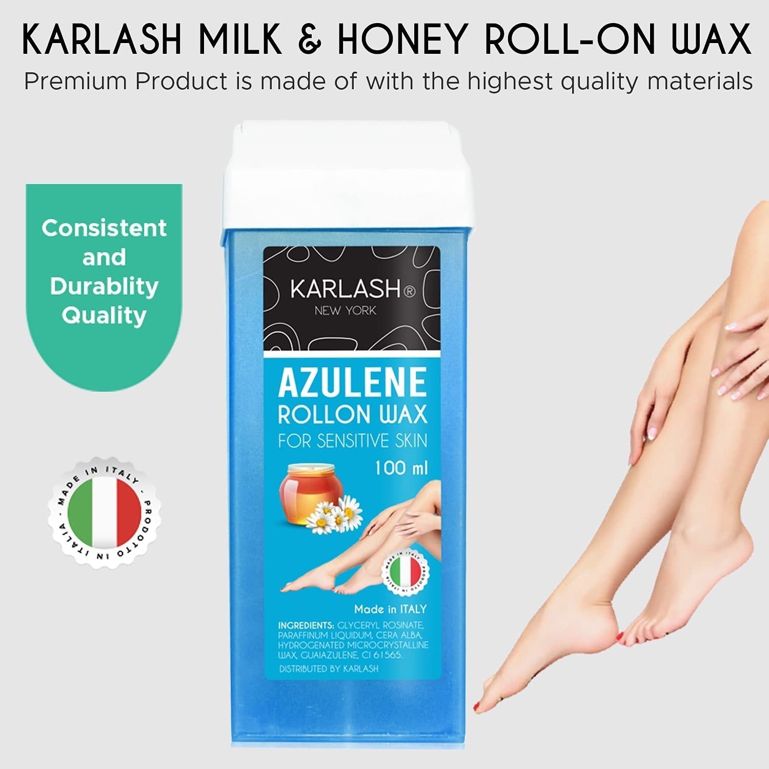 Karlash Professional Azulene Roll On Wax for Sensitive Skin, Depilatory Hair Wax Removal for Body Hair, legs, arms hair Removal Wax Cartridge 100 ml Honey - Made in Italy - 2 Pieces