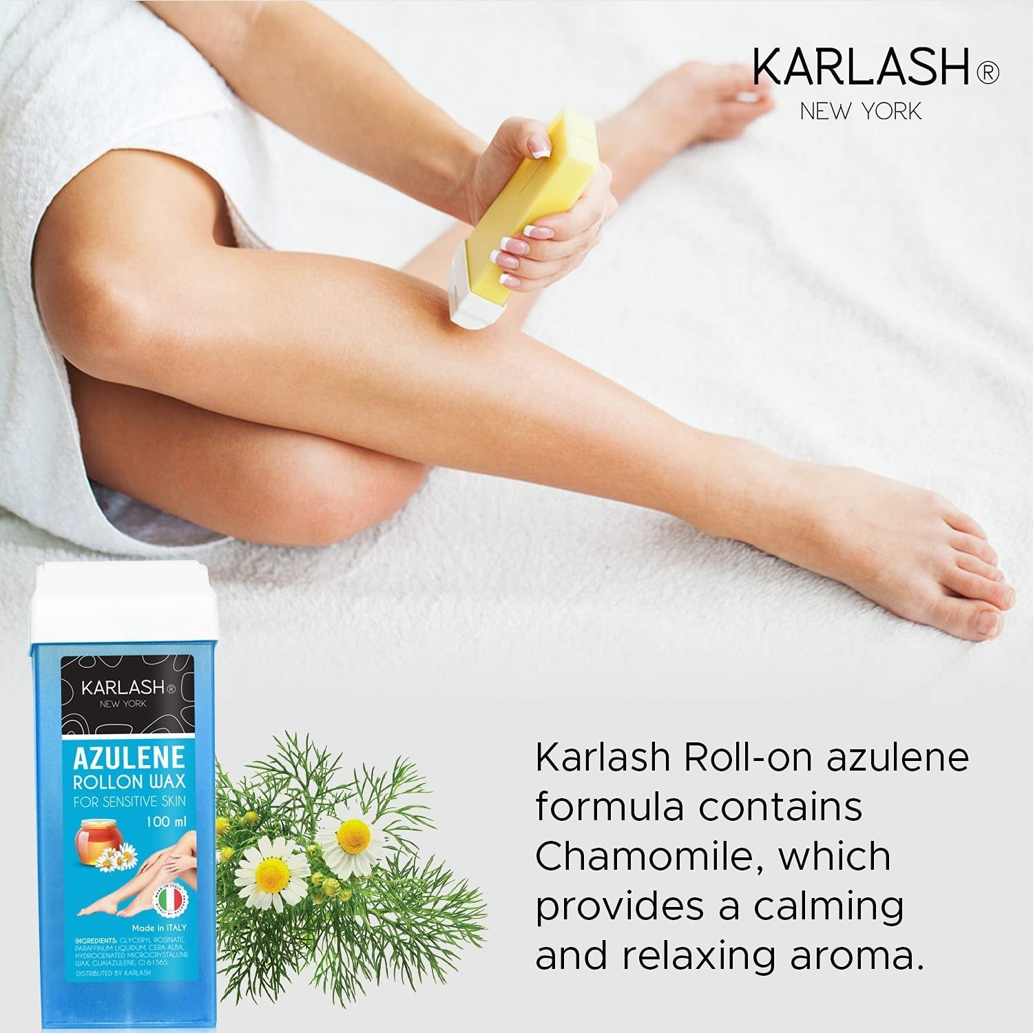 Karlash Professional Azulene Roll On Wax for Sensitive Skin, Depilatory Hair Wax Removal for Body Hair, legs, arms hair Removal Wax Cartridge 100 ml Honey - Made in Italy - 2 Pieces