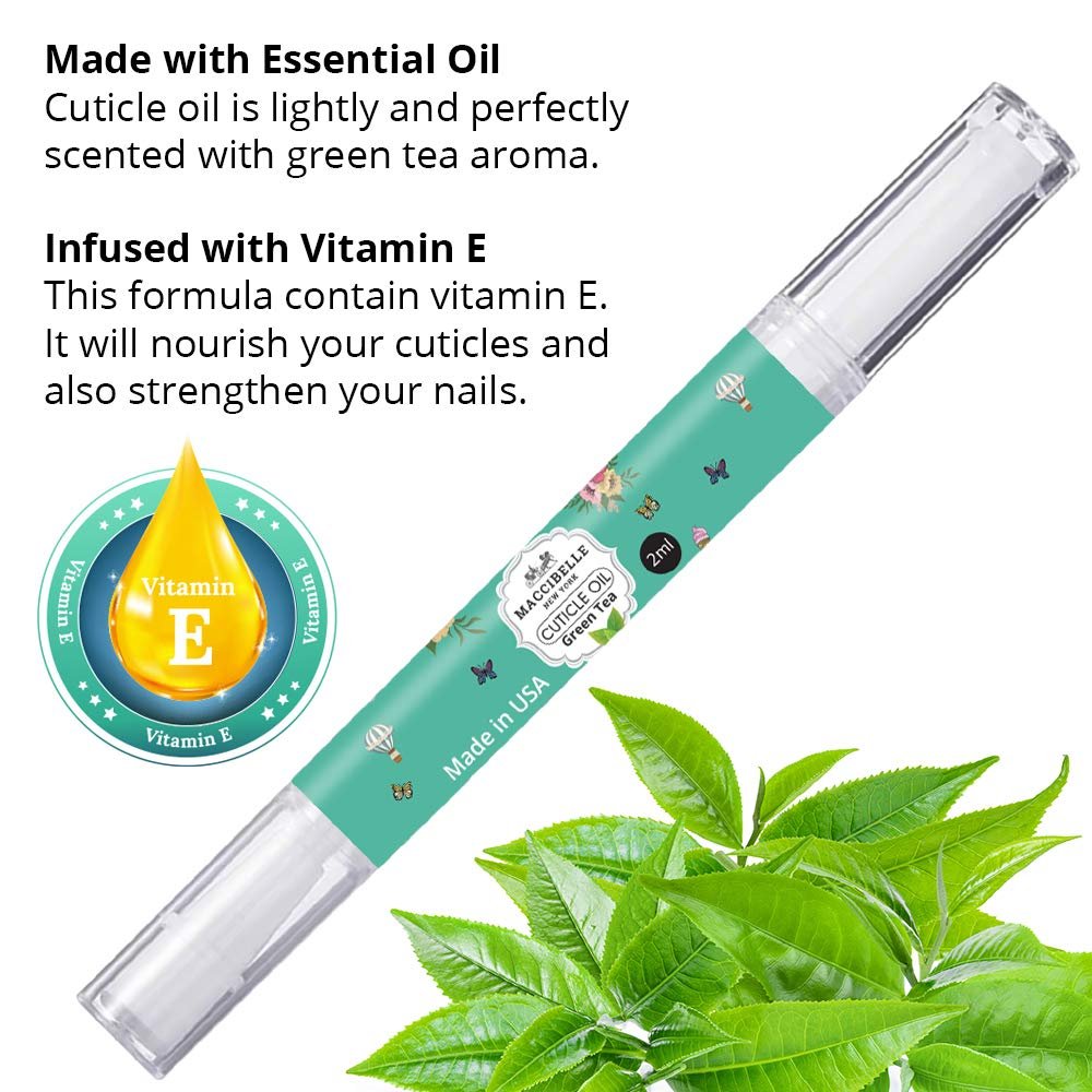 Maccibelle 2 PCS Pure Cuticle & Nail Oil Pen 2ml Heals Dry Cracked Cuticles. (Green Tea)